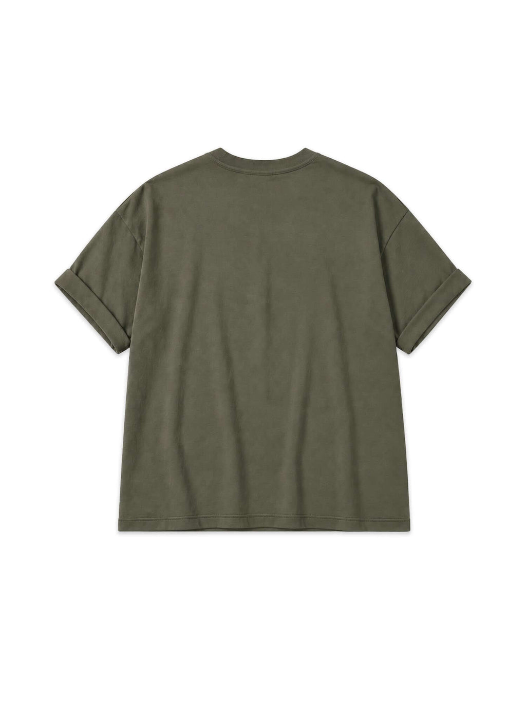 Back view of Men's Olive Cotton T-shirt, showcasing the relaxed fit and rolled sleeves.