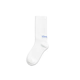 White socks with blue Éclectique logo, made from 85% cotton, fits US mens size 9-12, machine washable, made in Italy.