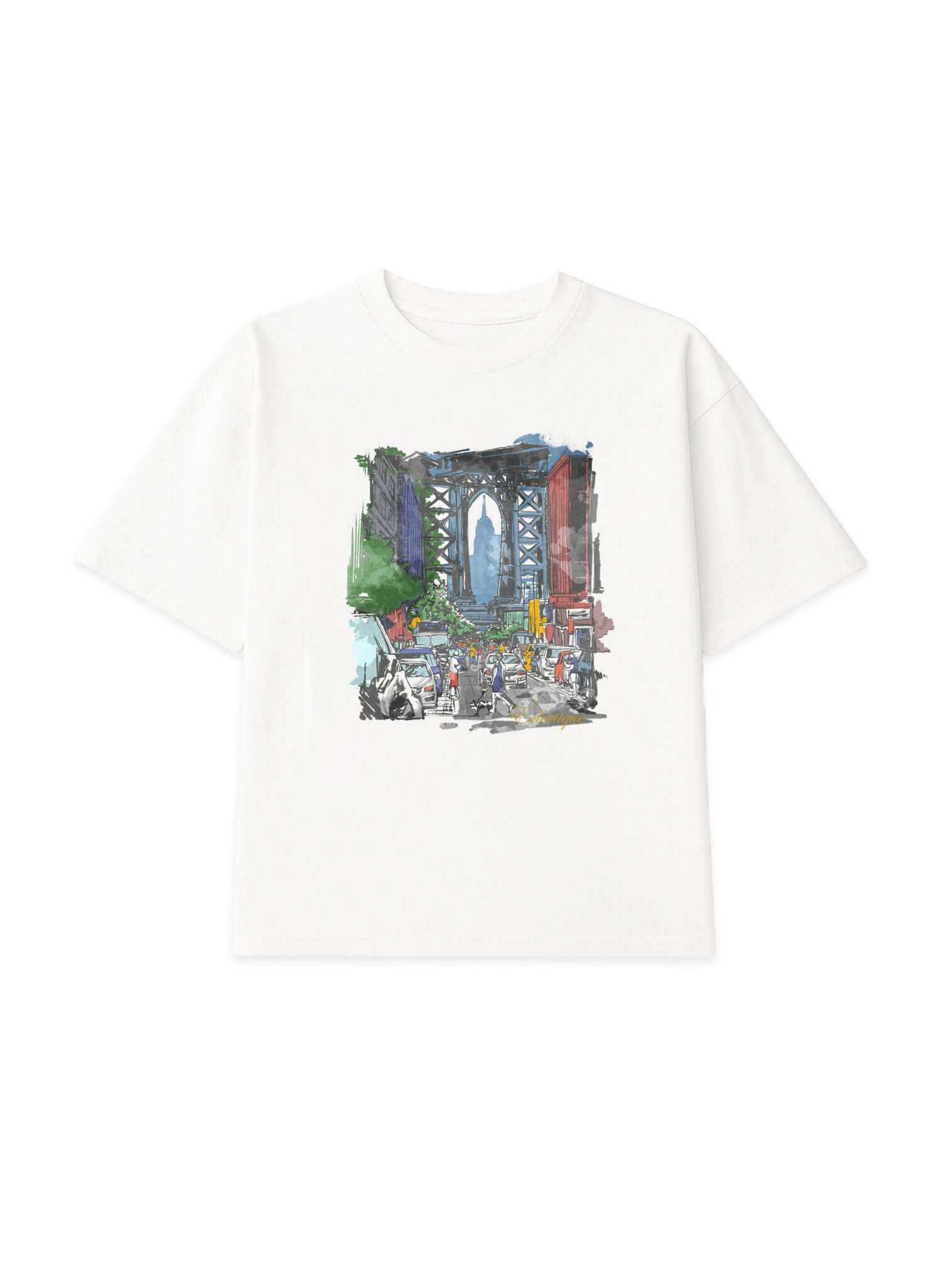 Brooklyn Bridge graphic t-shirt with colorful printed artwork on a relaxed fit white tee.