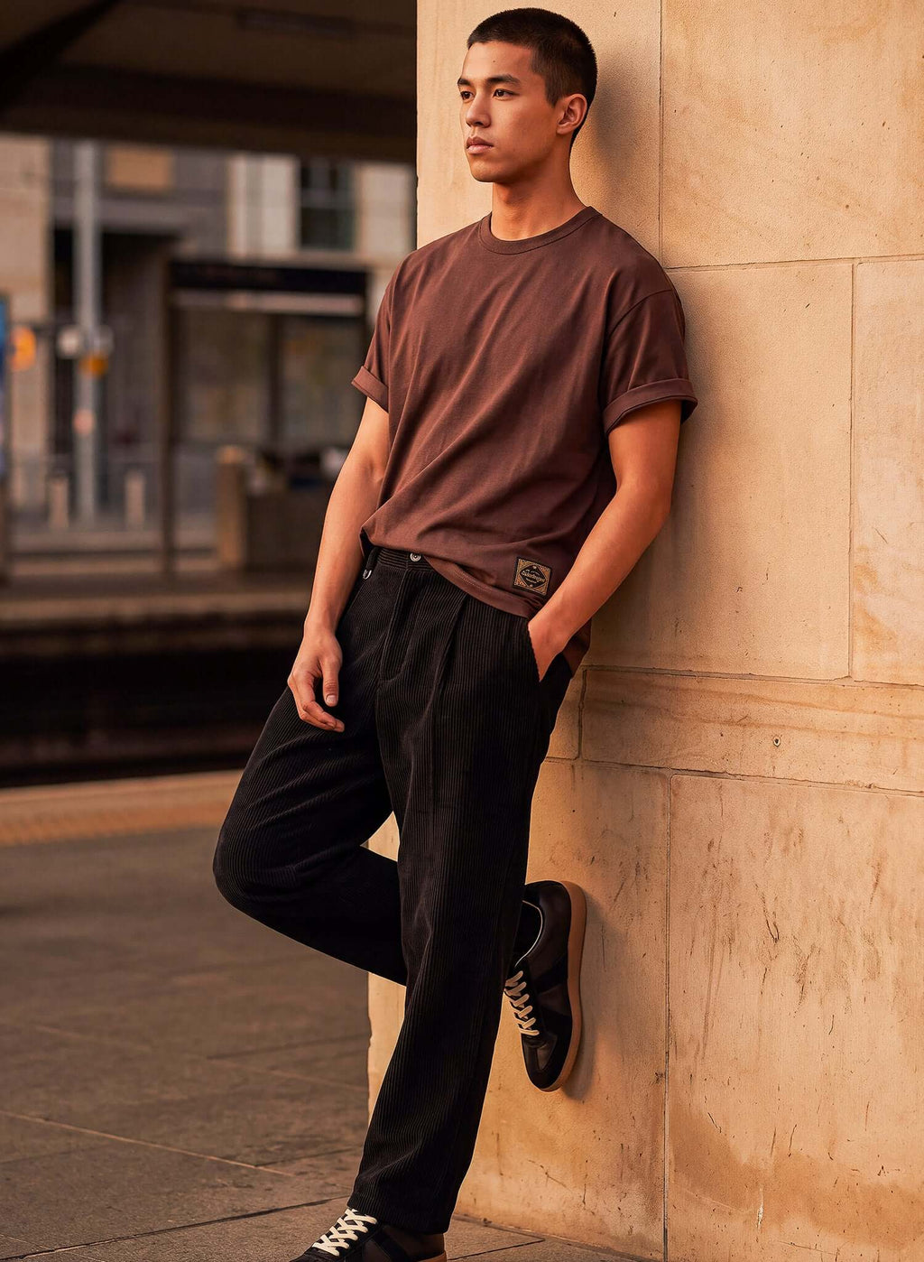 Men's Chocolate Brown Cotton T-shirt worn by a young man leaning against a wall in an urban setting.