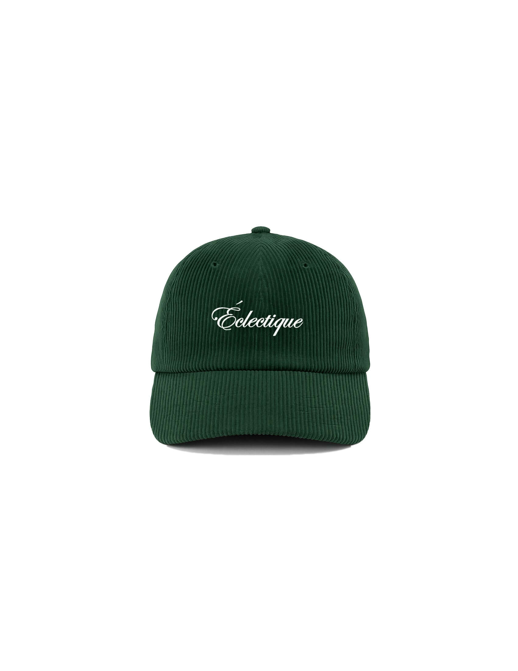 Corduroy script logo snapback hat in June Bug Green with embroidered Eclectique logo.