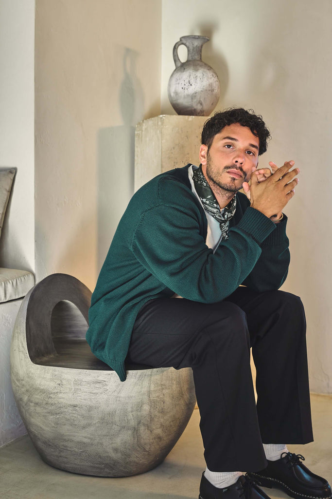 Green V Neck Cardigan in Scarab - View 2