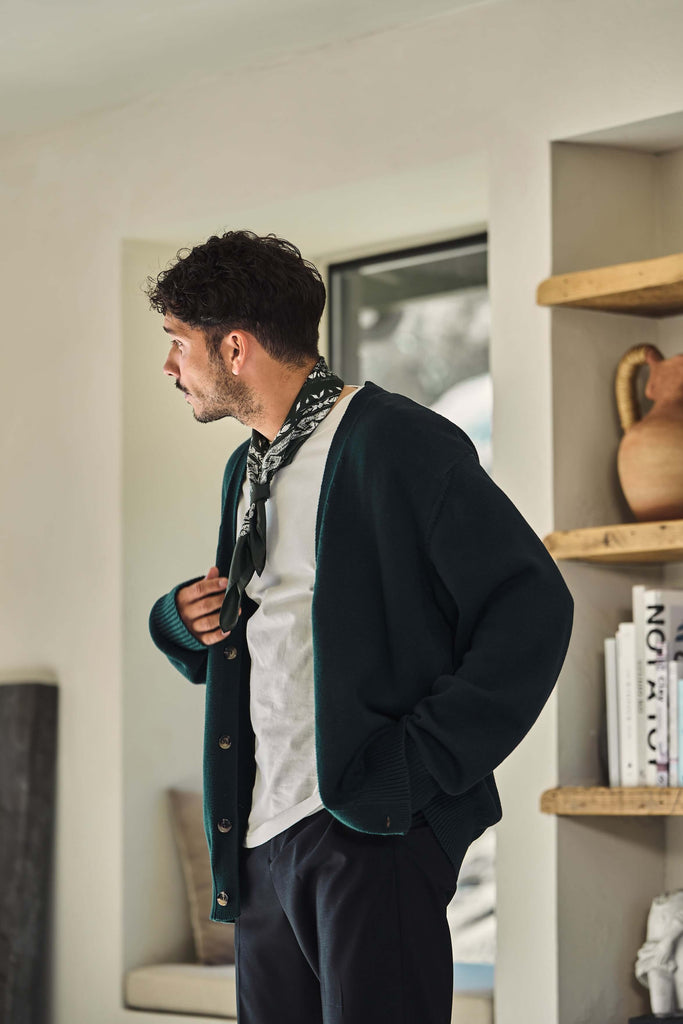 Green V Neck Cardigan in Scarab - View 2