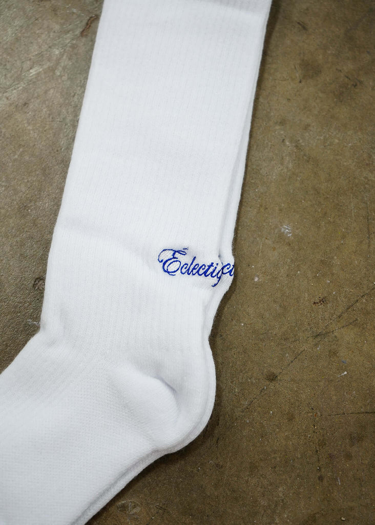 White Logo Socks with Blue Script Logo - View 2