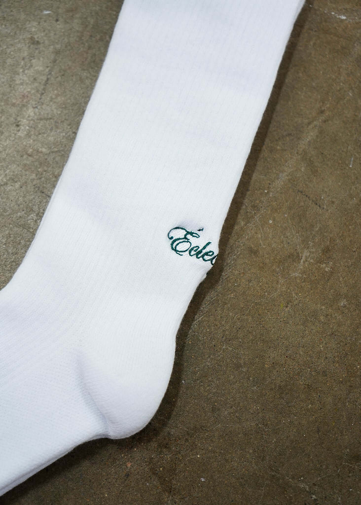 White Logo Socks with Green Script Logo - View 2