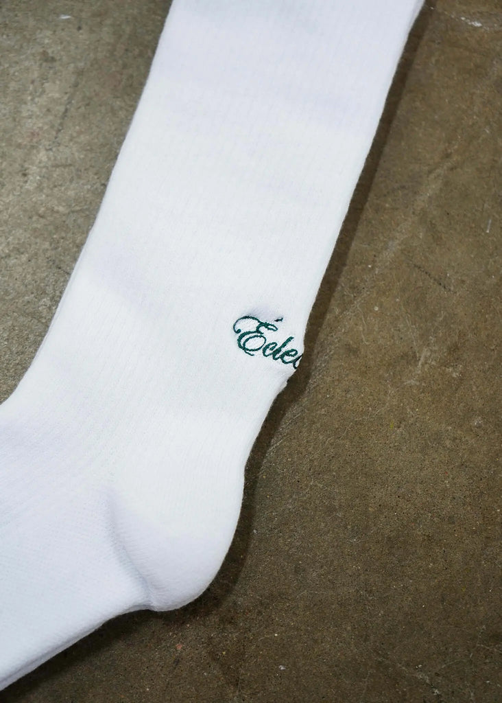 White Logo Socks with Green Script Logo - View 2
