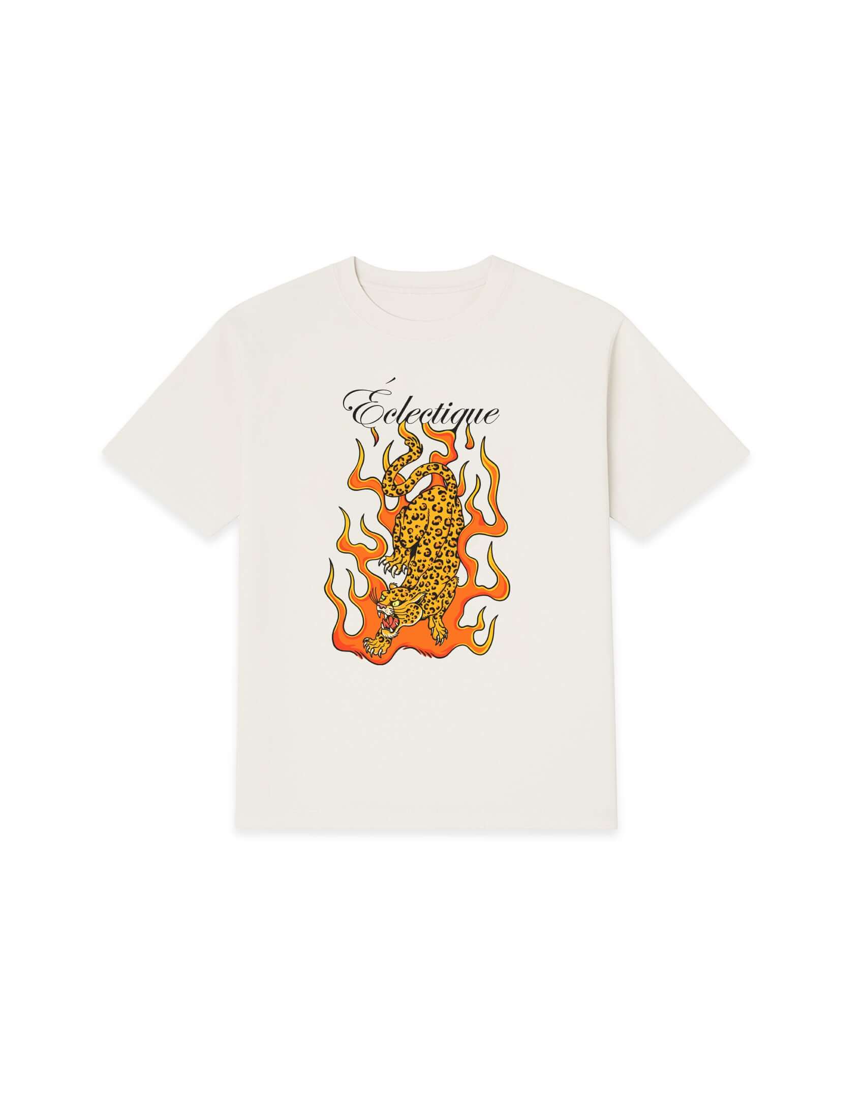 Flaming Jaguar graphic T-shirt front view on white background