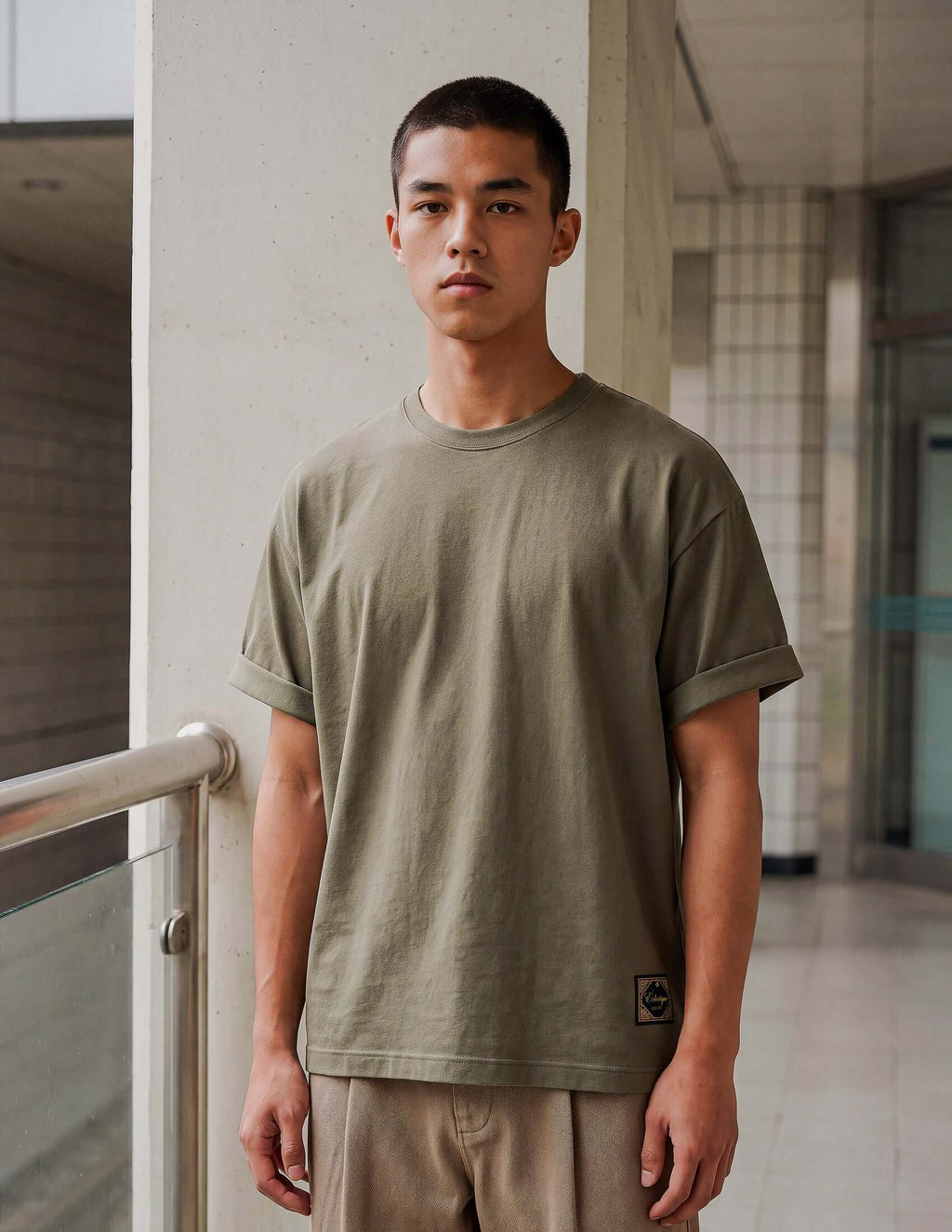 Men's Olive Cotton T-shirt worn by a model standing near railings, showcasing a relaxed fit and crew neckline.