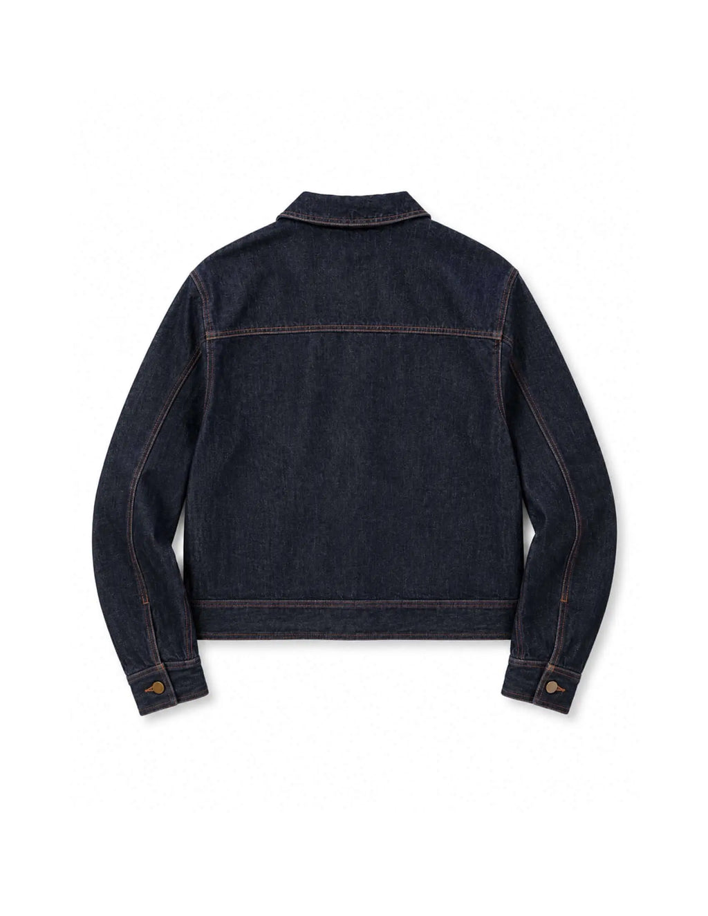 Men's indigo denim jacket – Kura displayed from the back, showcasing its structured silhouette and deep indigo color.