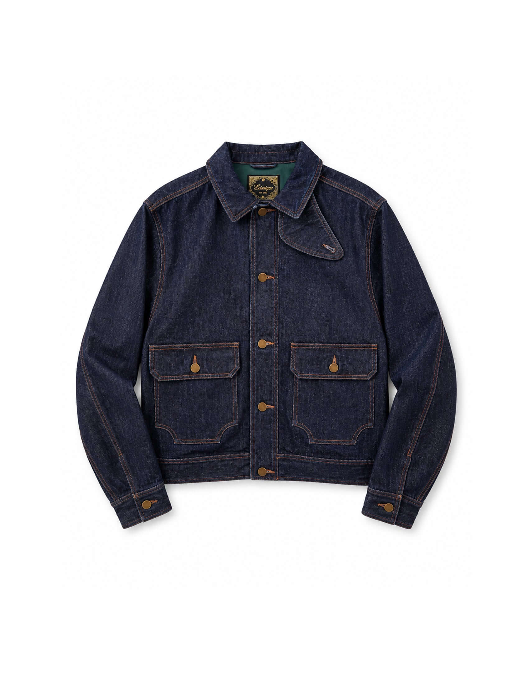 Kura Indigo Jacket featuring a cropped design with indigo wash, brass buttons, and distinct throat latch detail.