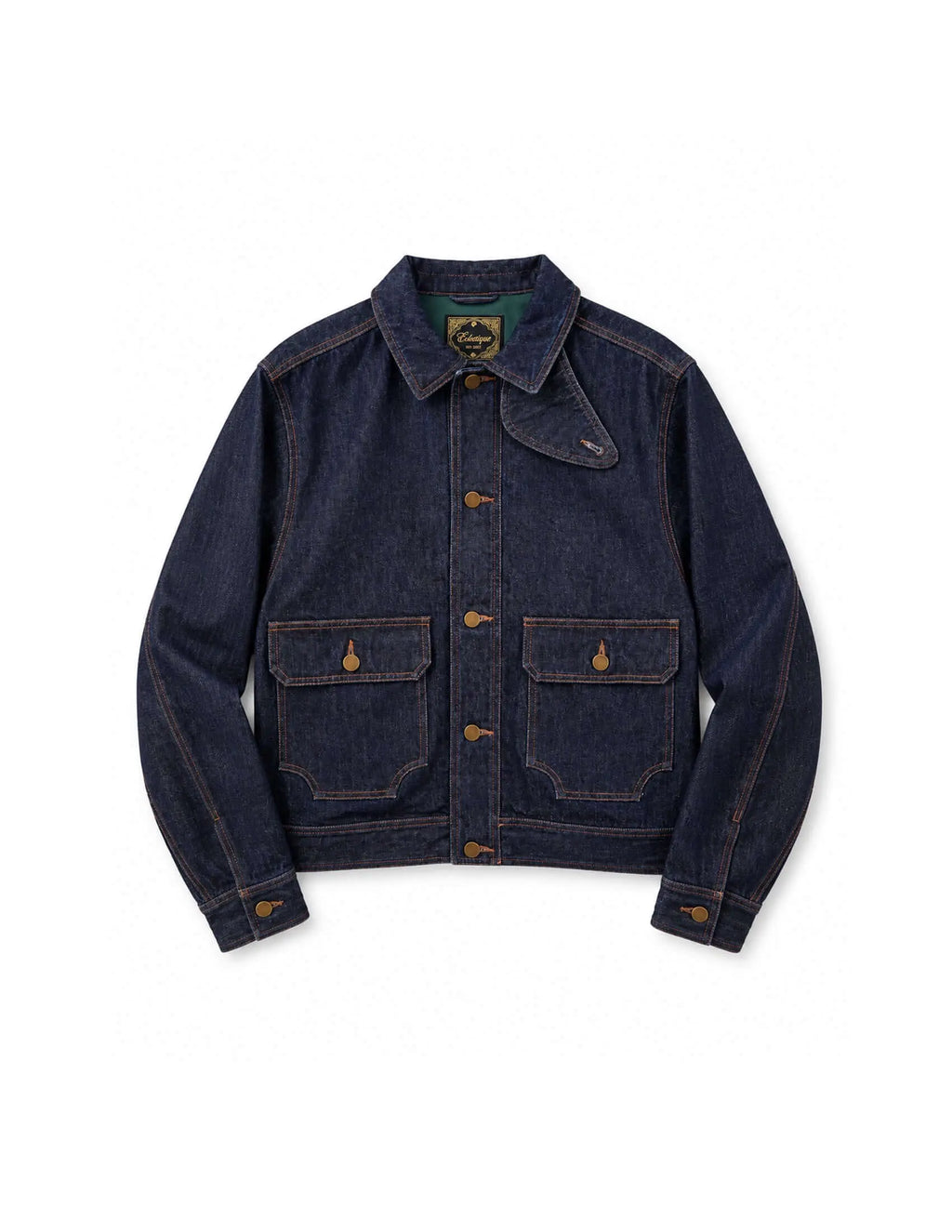 Men's indigo denim jacket – Kura with cropped silhouette, copper stitching, and distinctive throat latch.