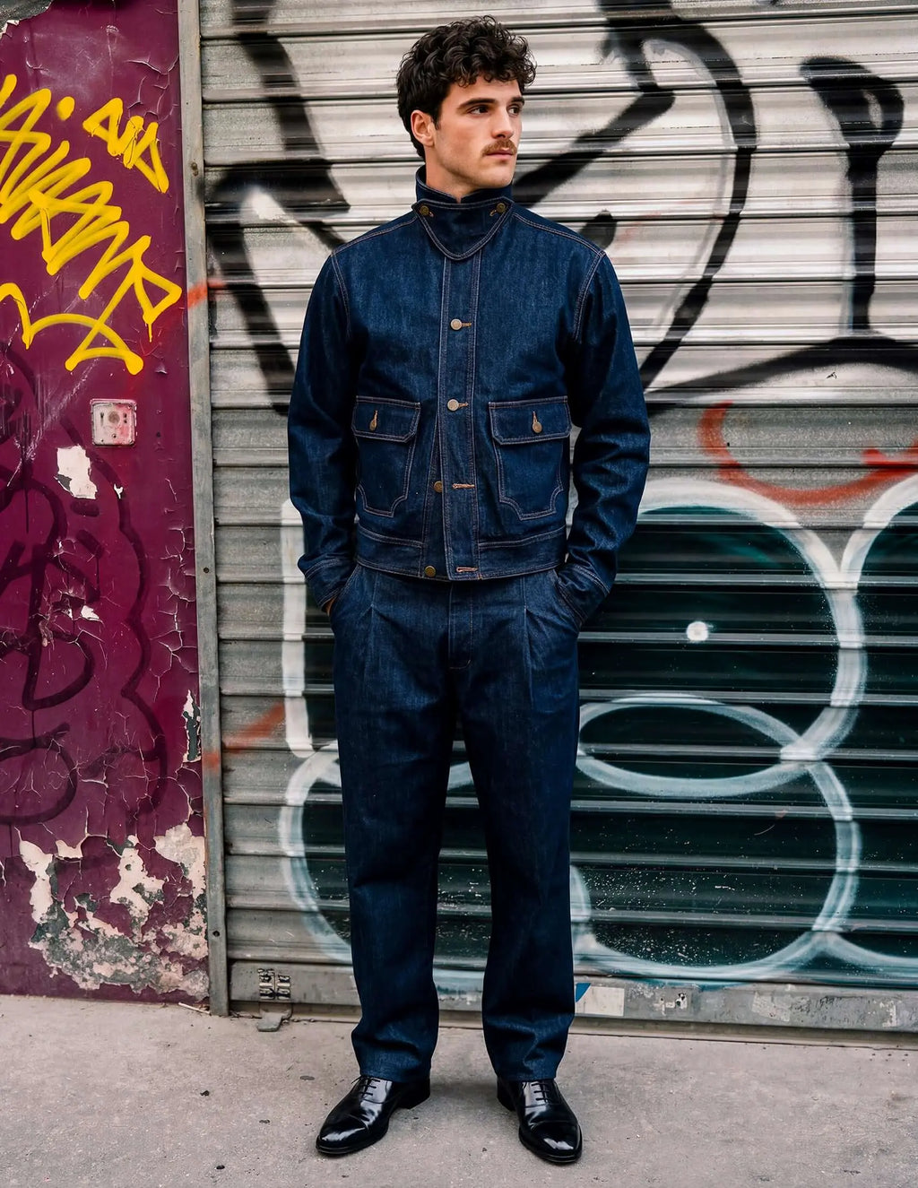 Men's indigo denim jacket worn by a model standing confidently against a graffiti background.