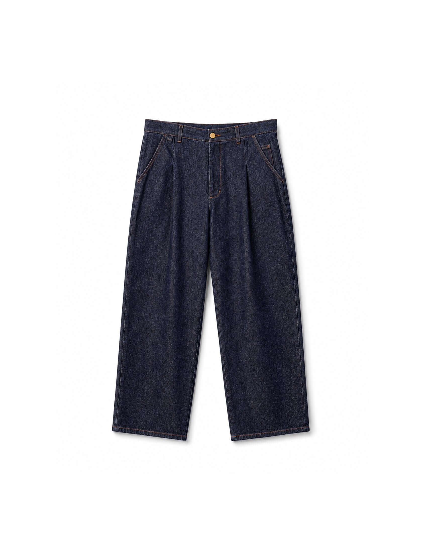 Kura Indigo Jeans in a relaxed wide-leg shape with front pleats and angled pockets, made from raw indigo denim.