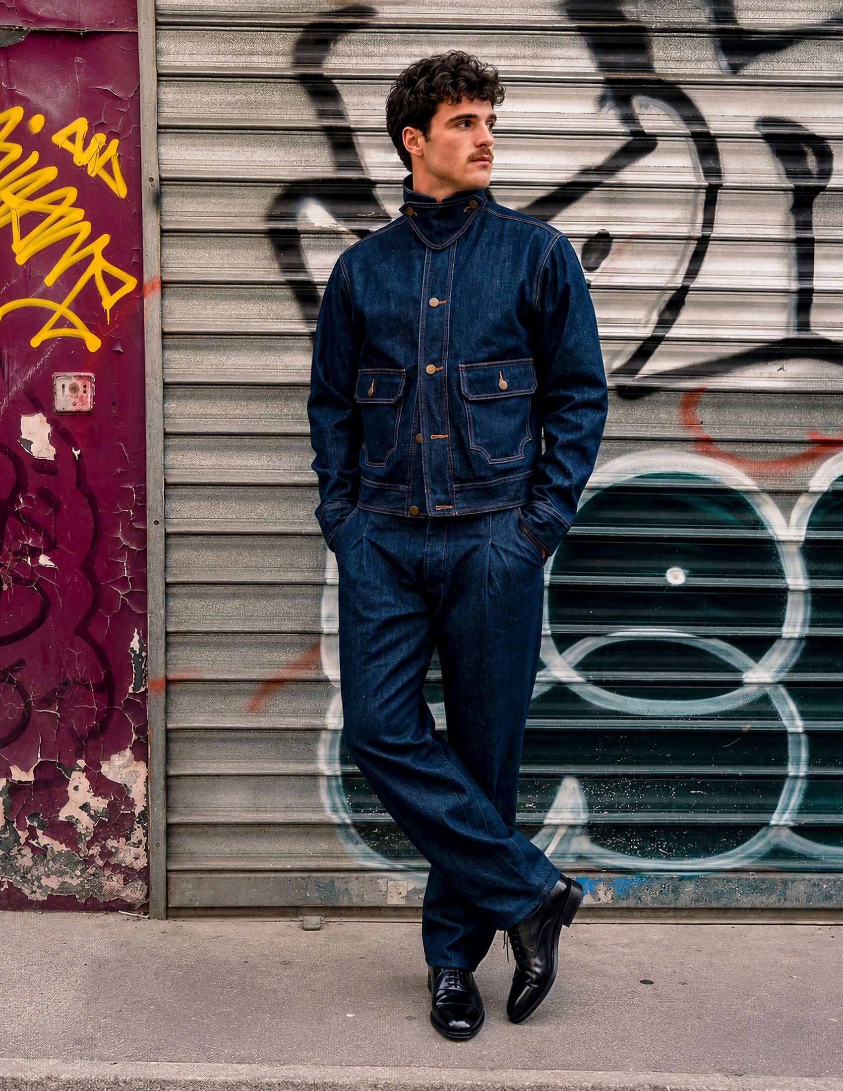 Model wearing Kura Indigo Jeans and jacket, standing against a colorful graffiti wall.