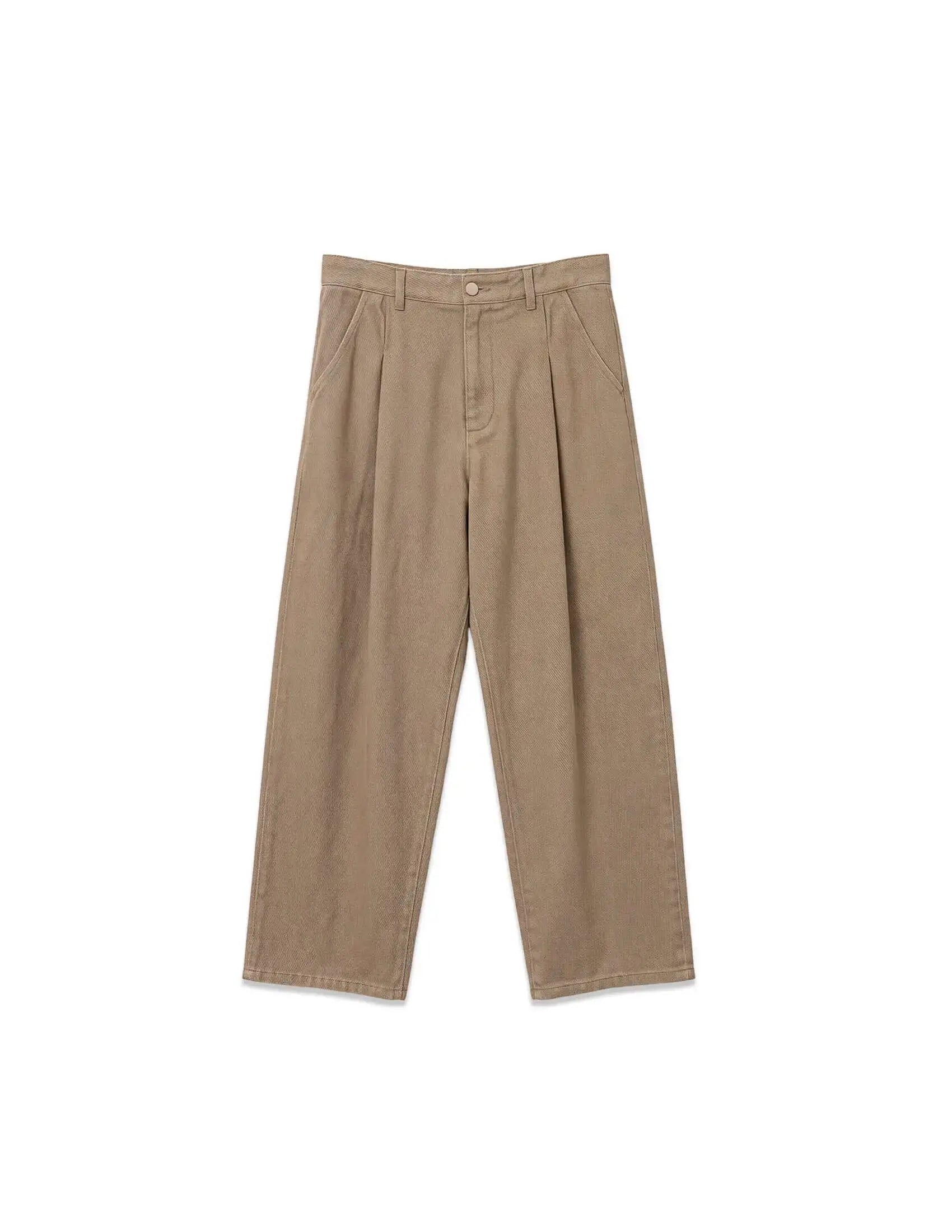 Men's khaki pleated trousers showcasing a relaxed straight-leg silhouette and front pleats for added volume.