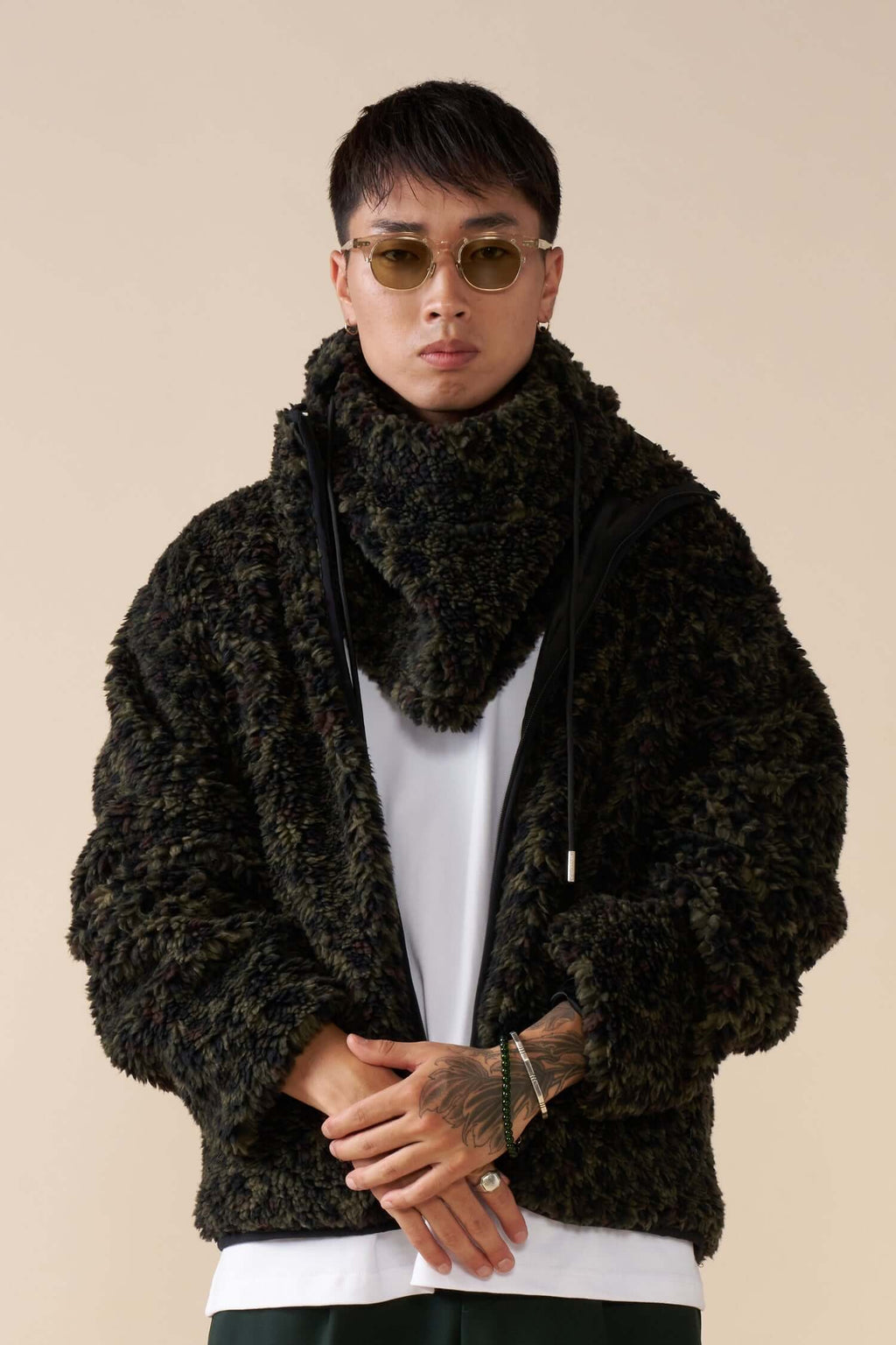 Model wearing Éclectique leopard fleece balaclava and jacket