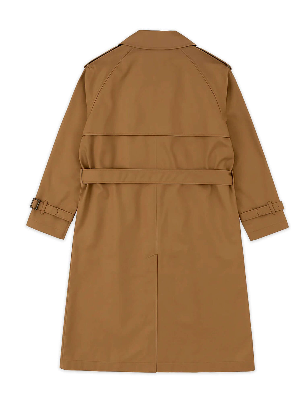 Back view of men's camel trench coat, featuring a relaxed fit and adjustable belt, perfect for stylish outerwear.