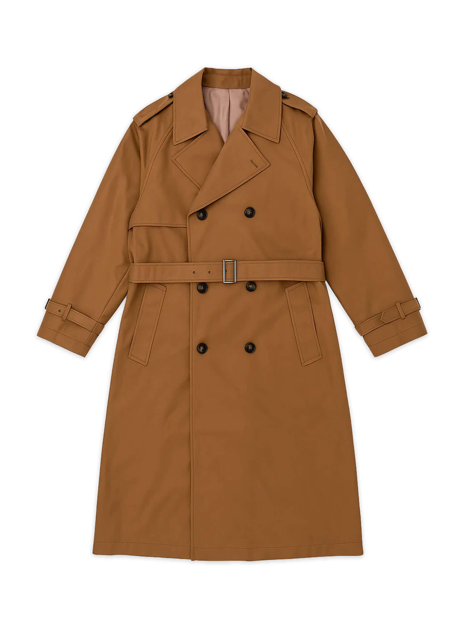 Men’s Camel Trench Coat – Manny featuring a double-breasted silhouette and belted waist in a smooth camel fabric.