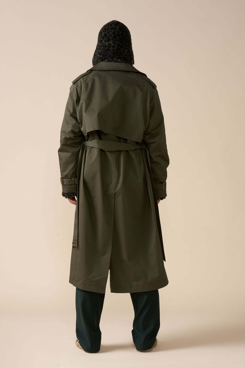 back view of model wearing Men's Olive Trench Coat 