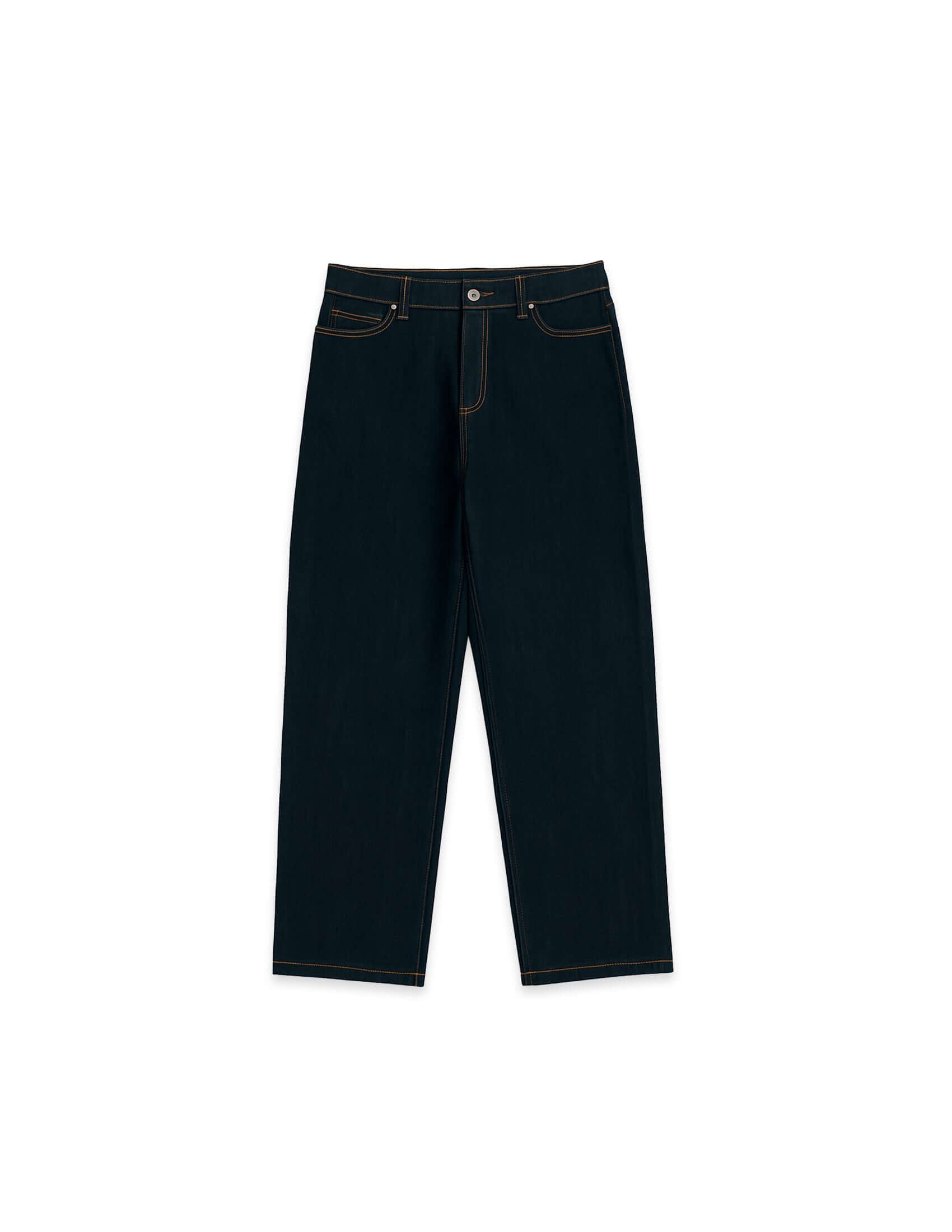 Men's premium denim jeans in navy blue dark wash with relaxed fit and five pockets.