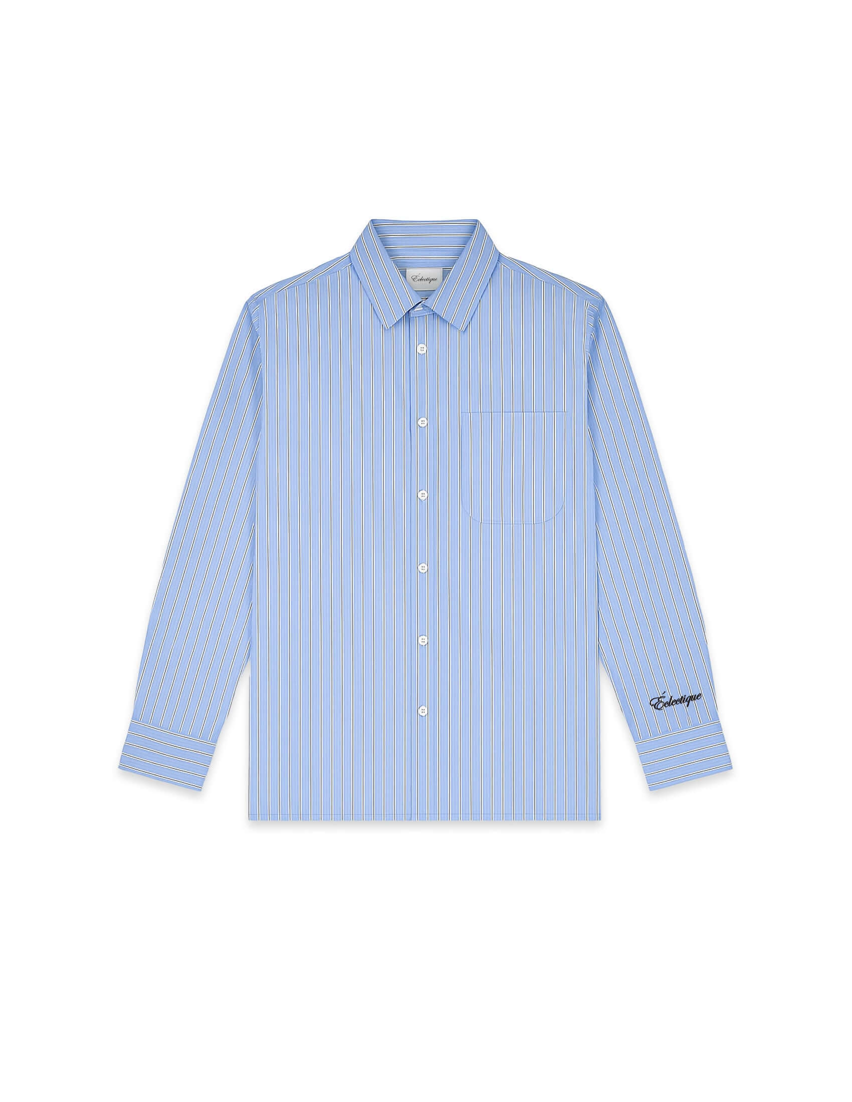 men's striped casual shirt front view in light blue stripe pattern