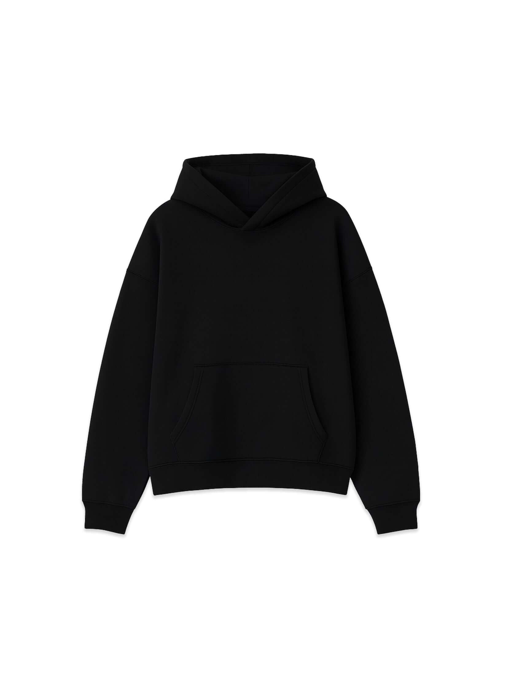 Midweight cotton hoodie in black featuring a pouch pocket and a comfortable hood.