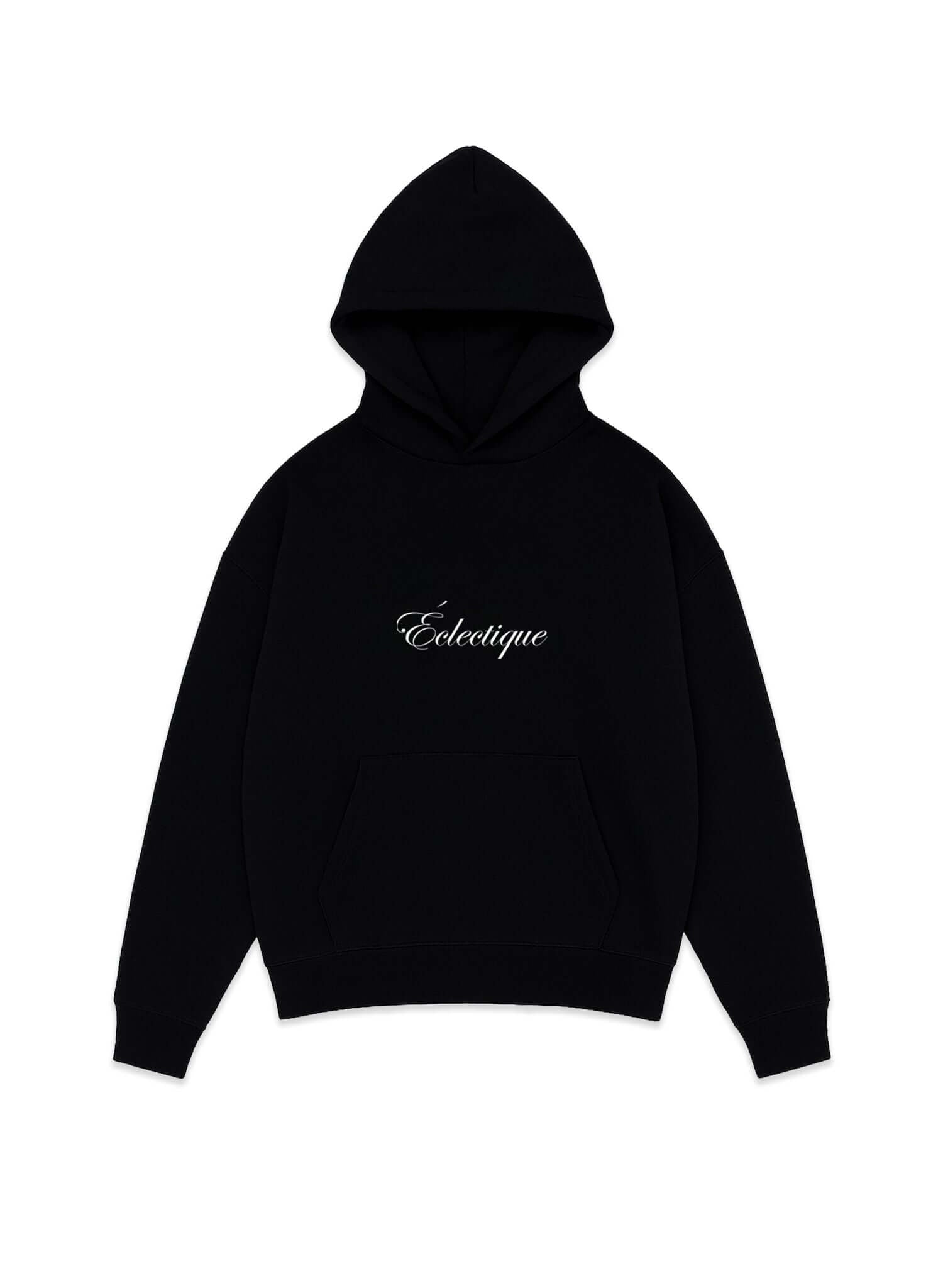 Midweight cotton hoodie in black featuring Éclectique script logo and pouch pocket for comfort.