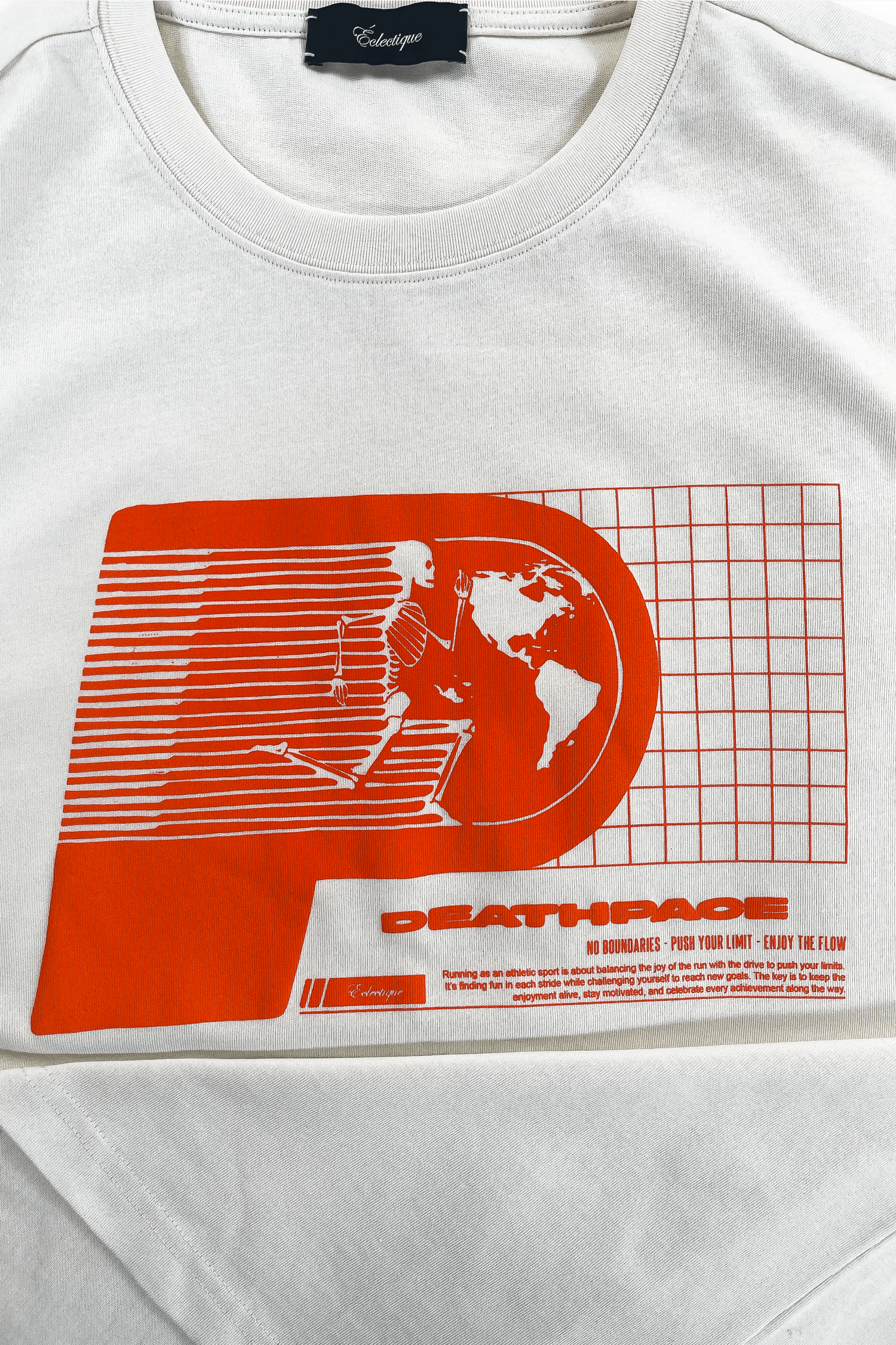 Running graphic t-shirt featuring a bold artwork with an abstract design and the word 'DEATHPACE' on a white cotton fabric.