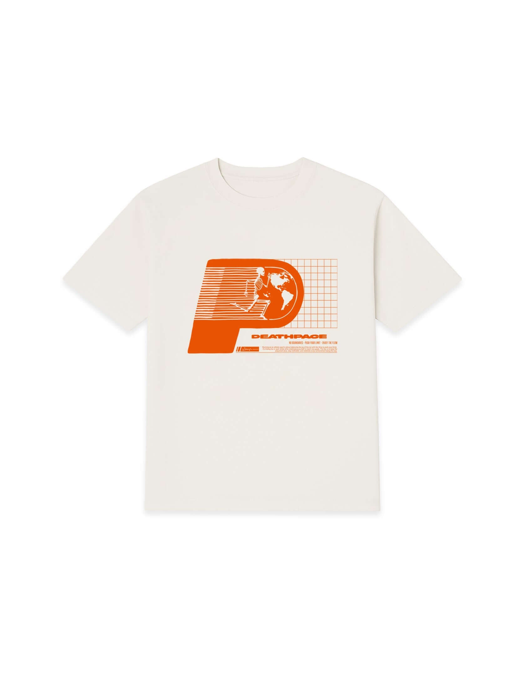 Running graphic t-shirt featuring orange printed artwork on a relaxed fit white tee.