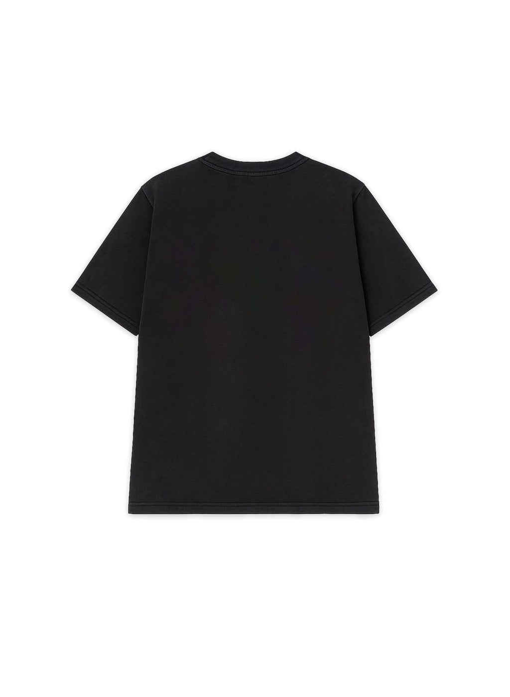 Back view of a black acid-wash heavyweight script logo t-shirt featuring a relaxed boxy fit and ribbed crewneck.