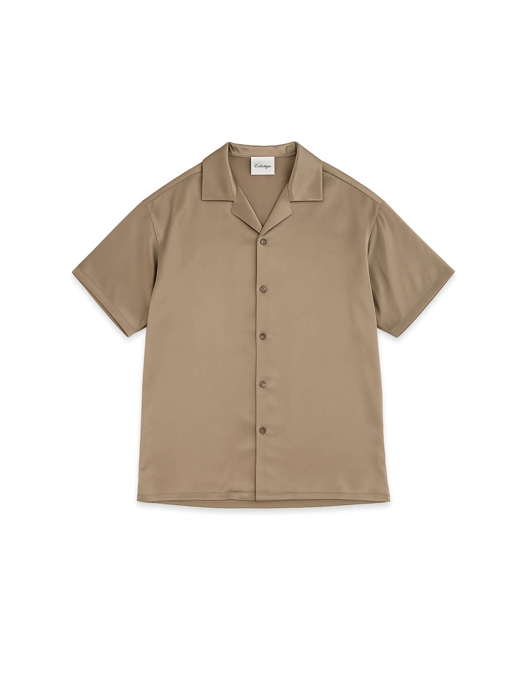 front view of beige silk bowling shirt in 100% silk