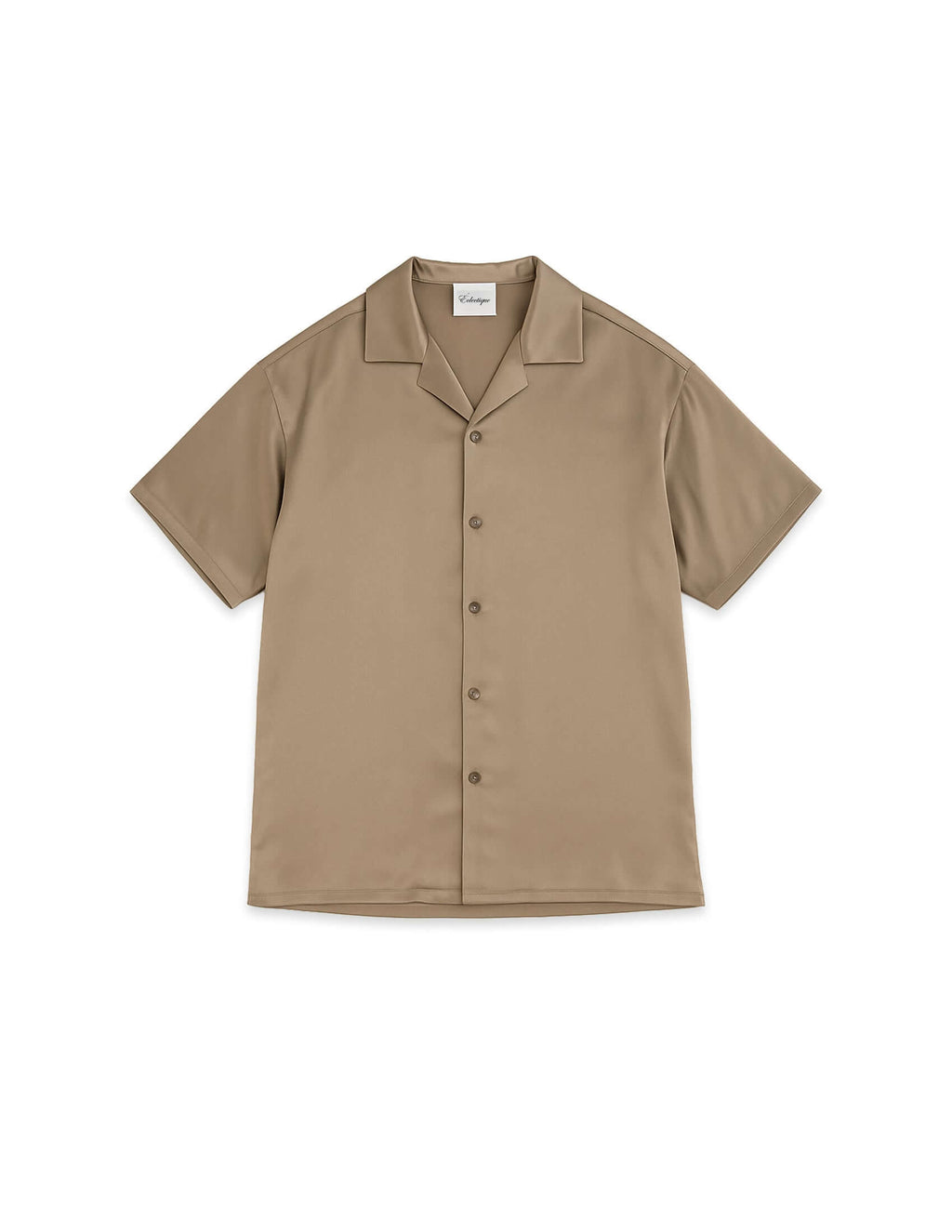 front view of beige silk bowling shirt in 100% silk