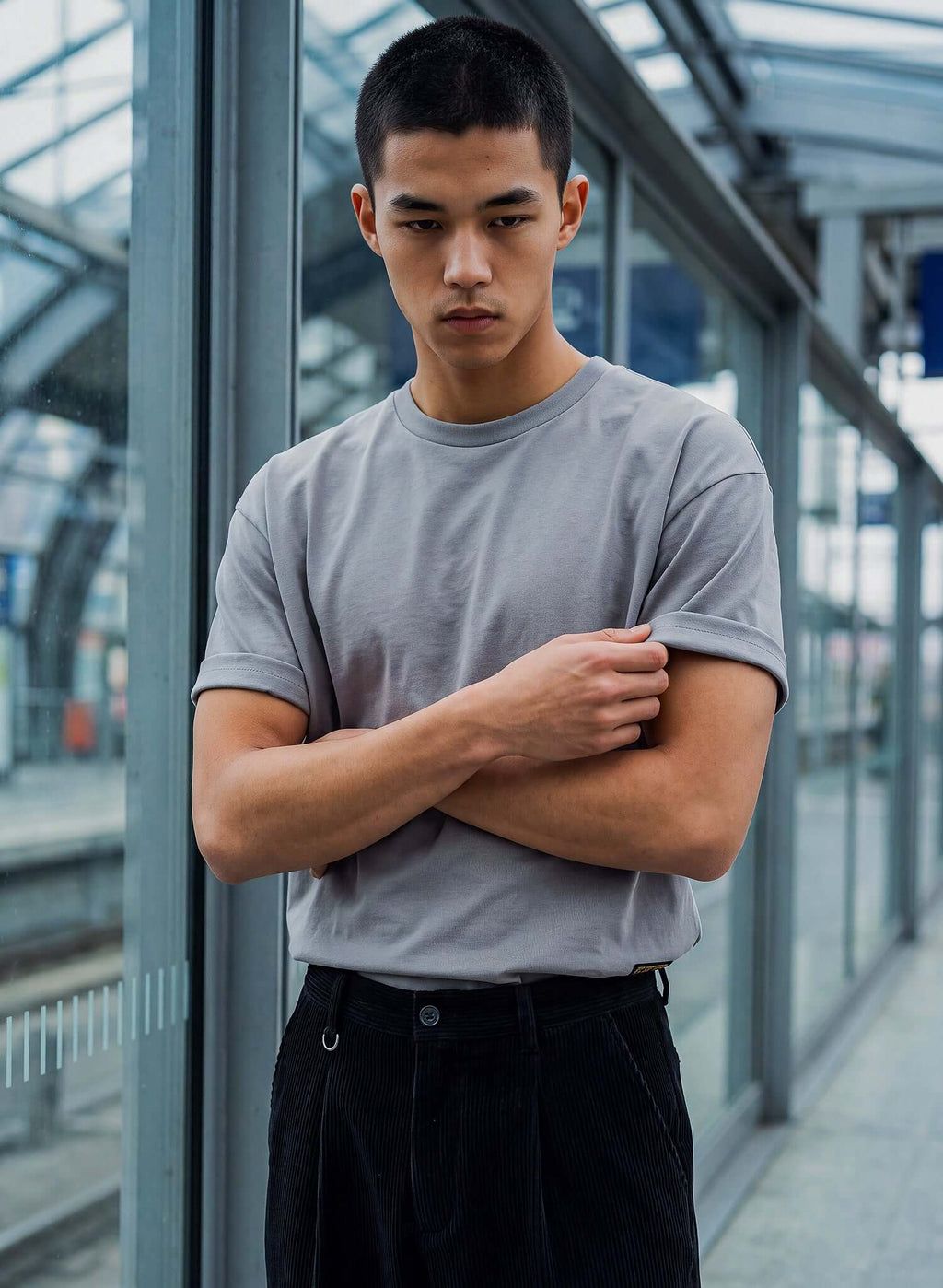 Men's Dolphin Grey Cotton T-shirt worn by a model in a modern setting, showcasing its relaxed fit and casual style.