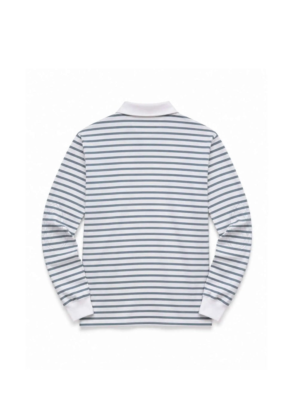 Men's striped long sleeve rugby shirt featuring blue-grey stripes and a white contrast collar seen from the back.