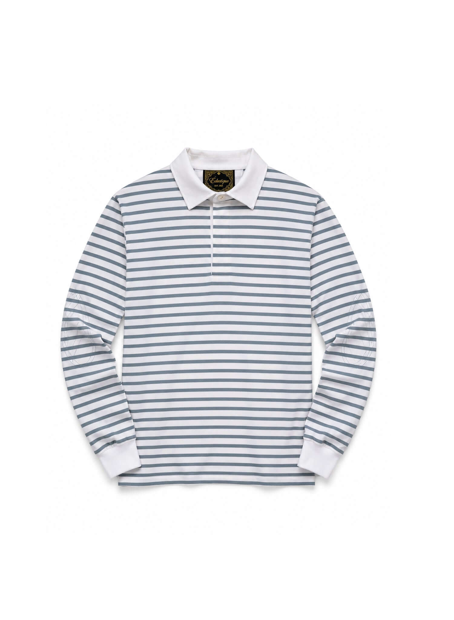 Striped Long Sleeve Rugby Shirt featuring blue-grey stripes and a crisp white collar, ideal for casual menswear.