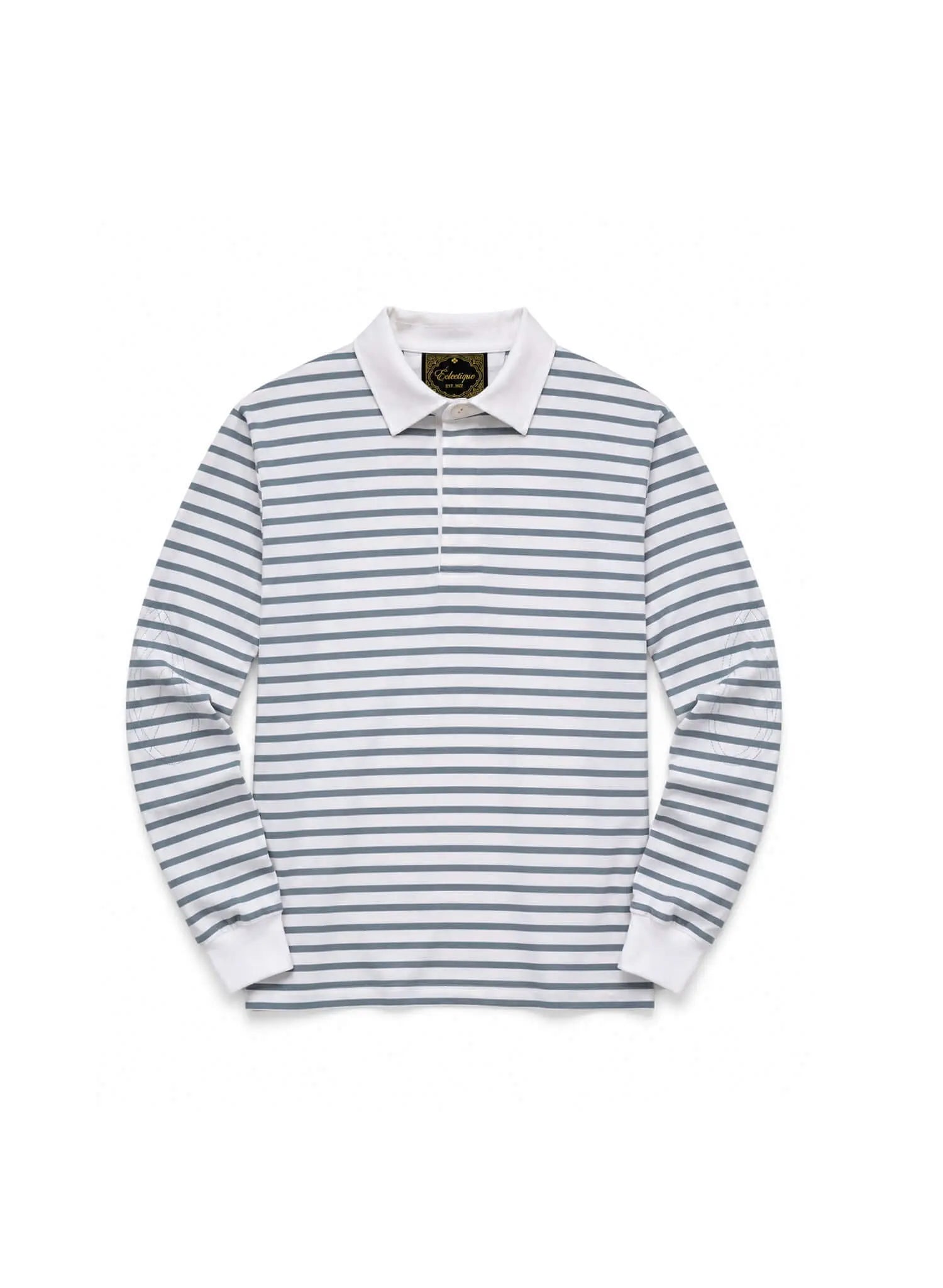 Striped Long Sleeve Rugby Shirt featuring blue-grey stripes and a crisp white collar, ideal for casual menswear.