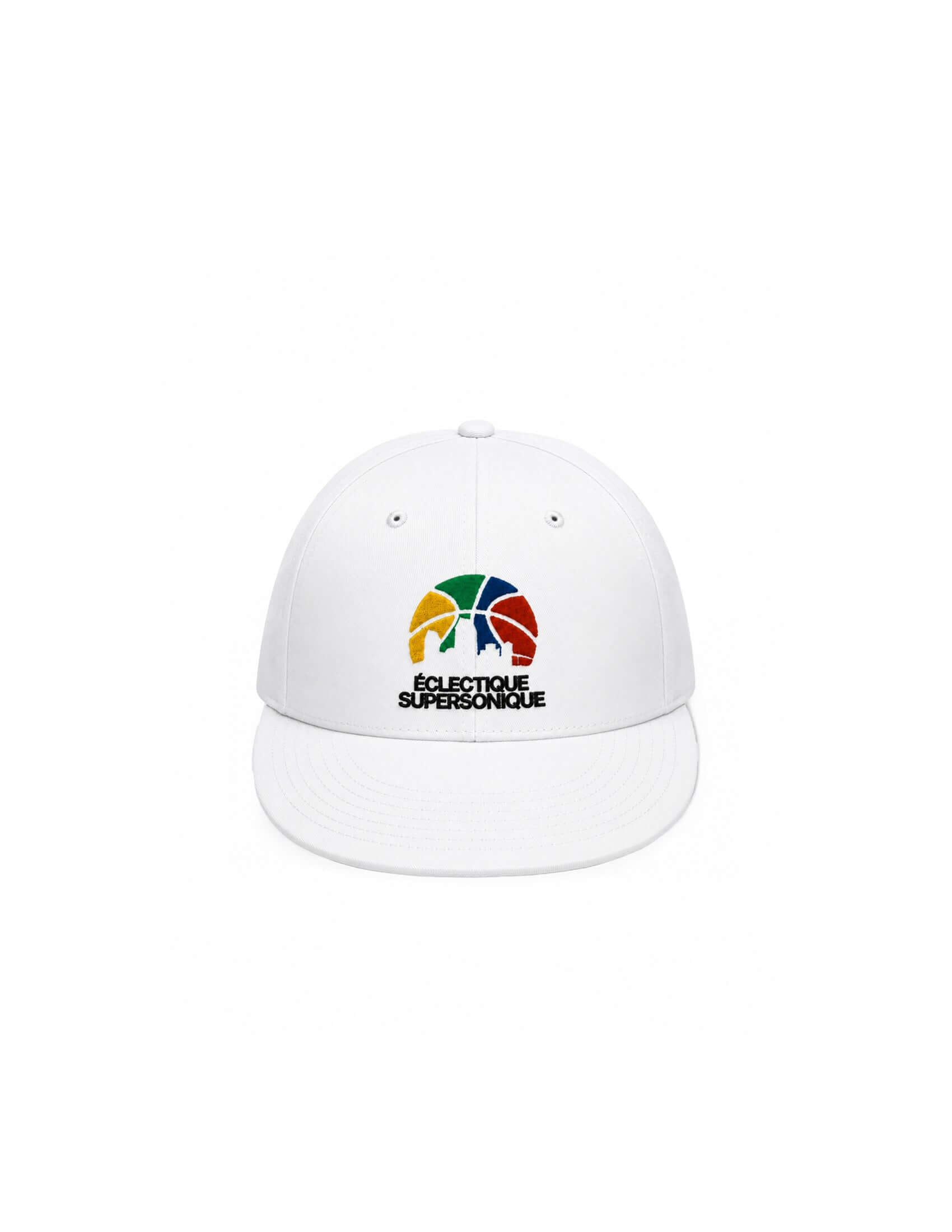Super Sonique baseball cap featuring colorful embroidery on a structured white cotton body.
