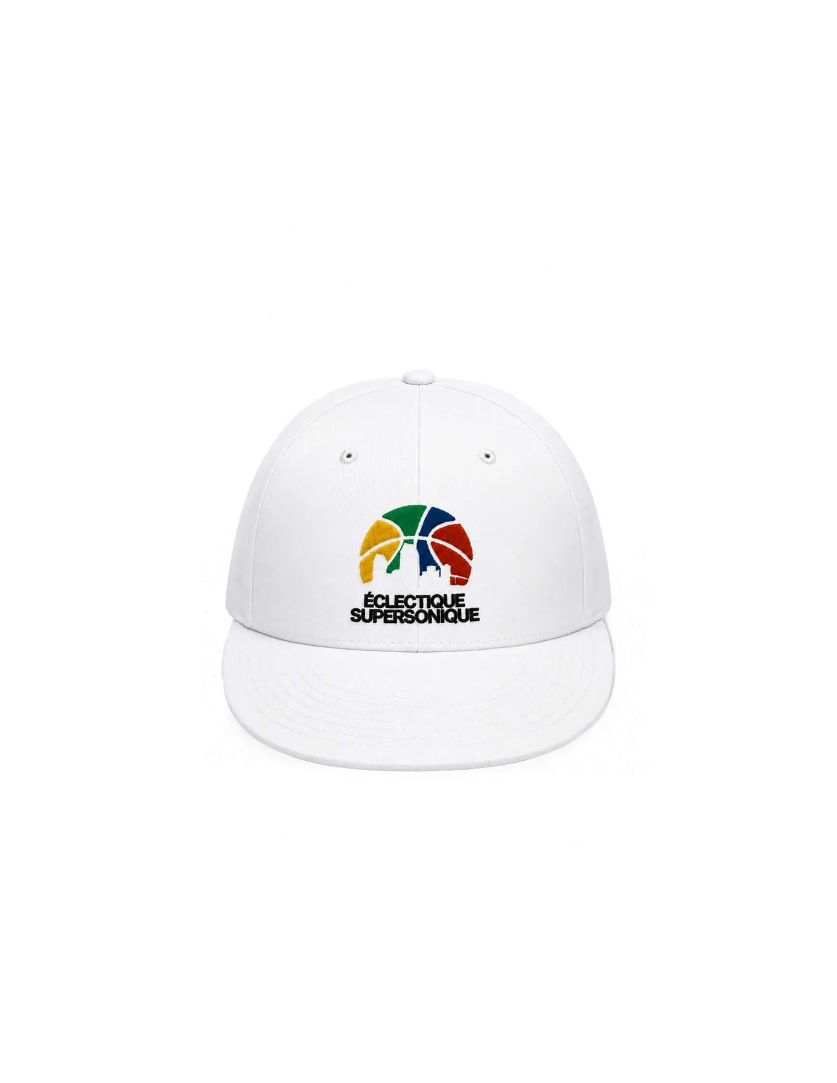 Super Sonique baseball cap featuring colorful embroidery on a structured white cotton body.