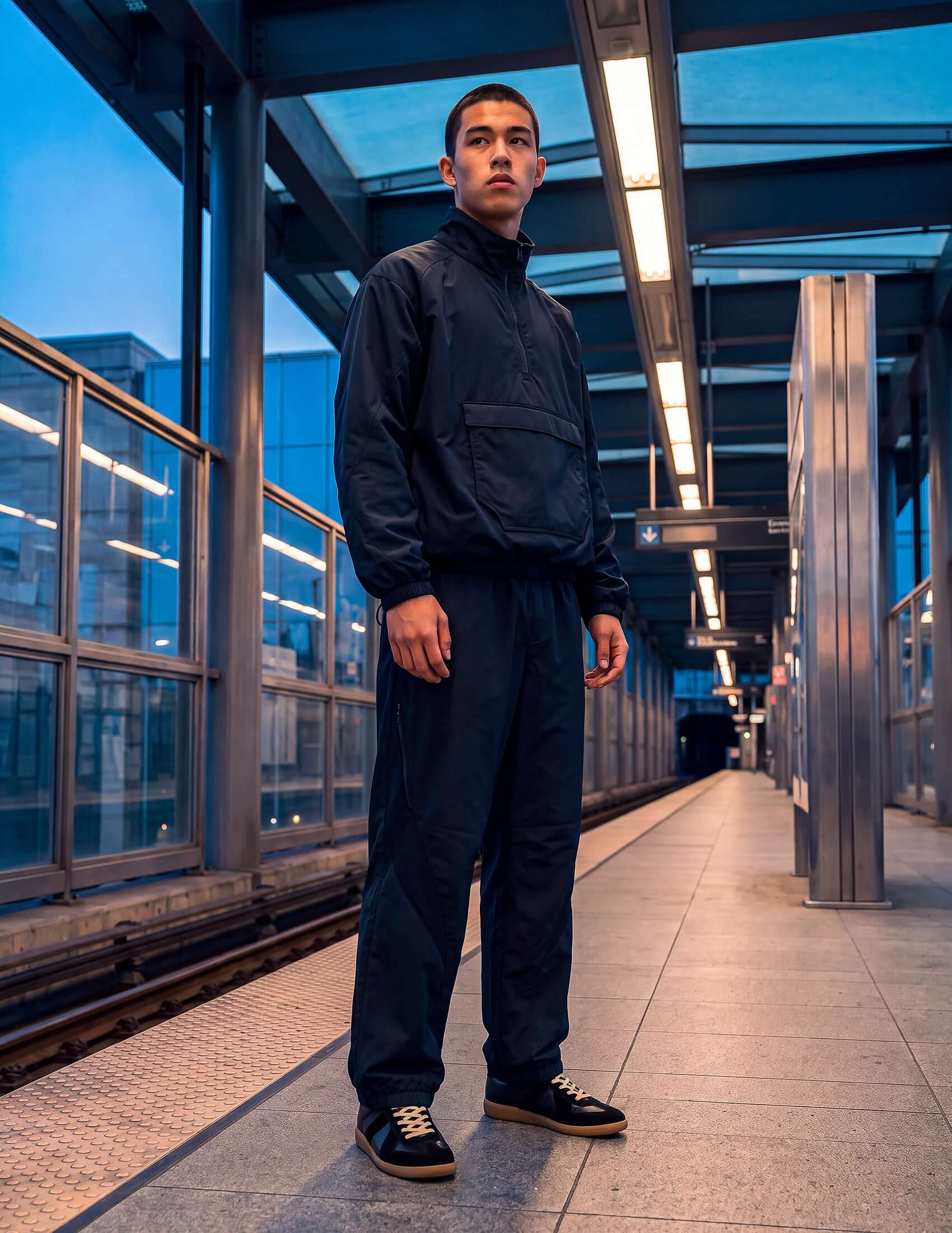 Model wearing Waypoint Lightweight Technical Track Pants in Midnight Navy at a train station.