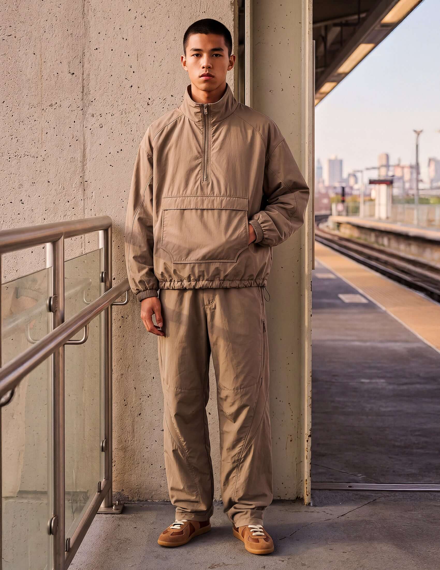 Waypoint Lightweight Anorak featured in clay color, worn by a model at a train station.