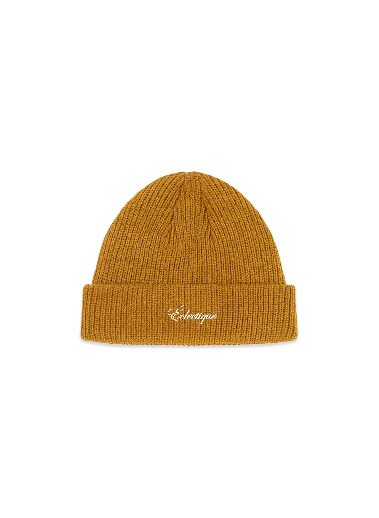 Mustard fisherman beanie from Éclectique with white logo embroidery and cuffed design, made from recycled materials.