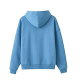 Back view of lightweight terry hoodie in blue color, showcasing the relaxed fit and cozy design.