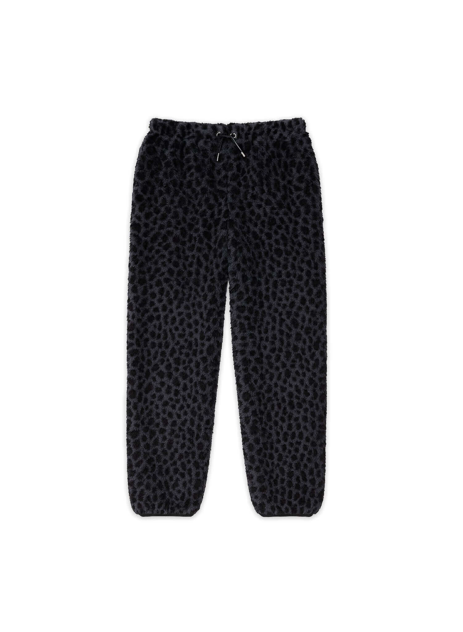 Black Leopard fleece pants featuring a soft fabric and relaxed fit, ideal for casual wear and travel.