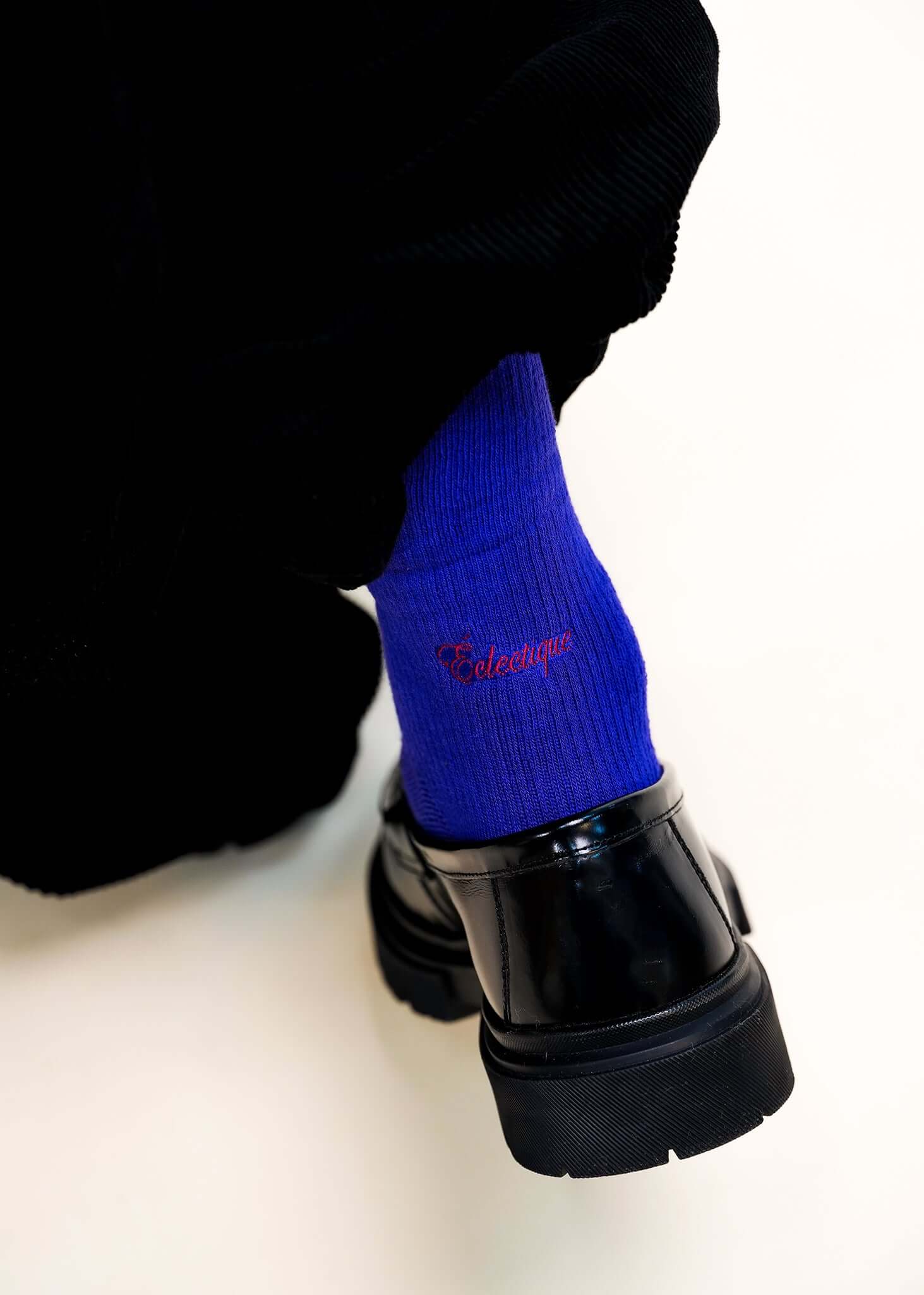 Blue crew socks in Surf The Web shade worn with loafers