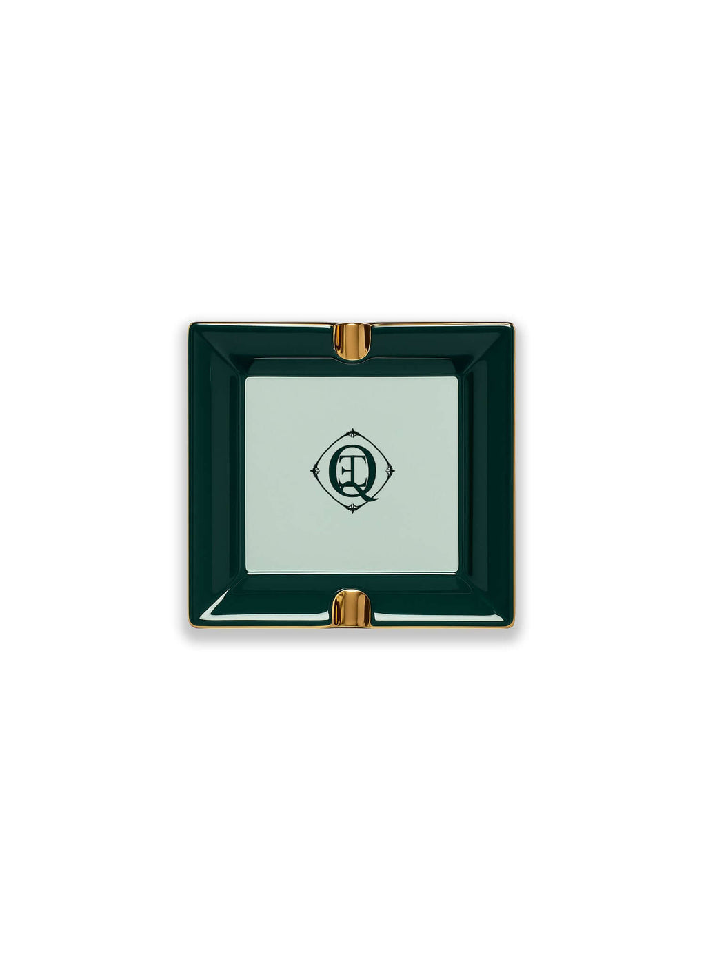 Ceramic Cigar Ashtray in green with gold trim and monogram logo, ideal for jewelry or cigar resting.