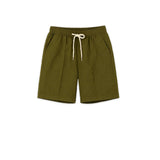 Designer men's casual shorts in olive green with cream drawstring and side pockets, made from 100% nylon.