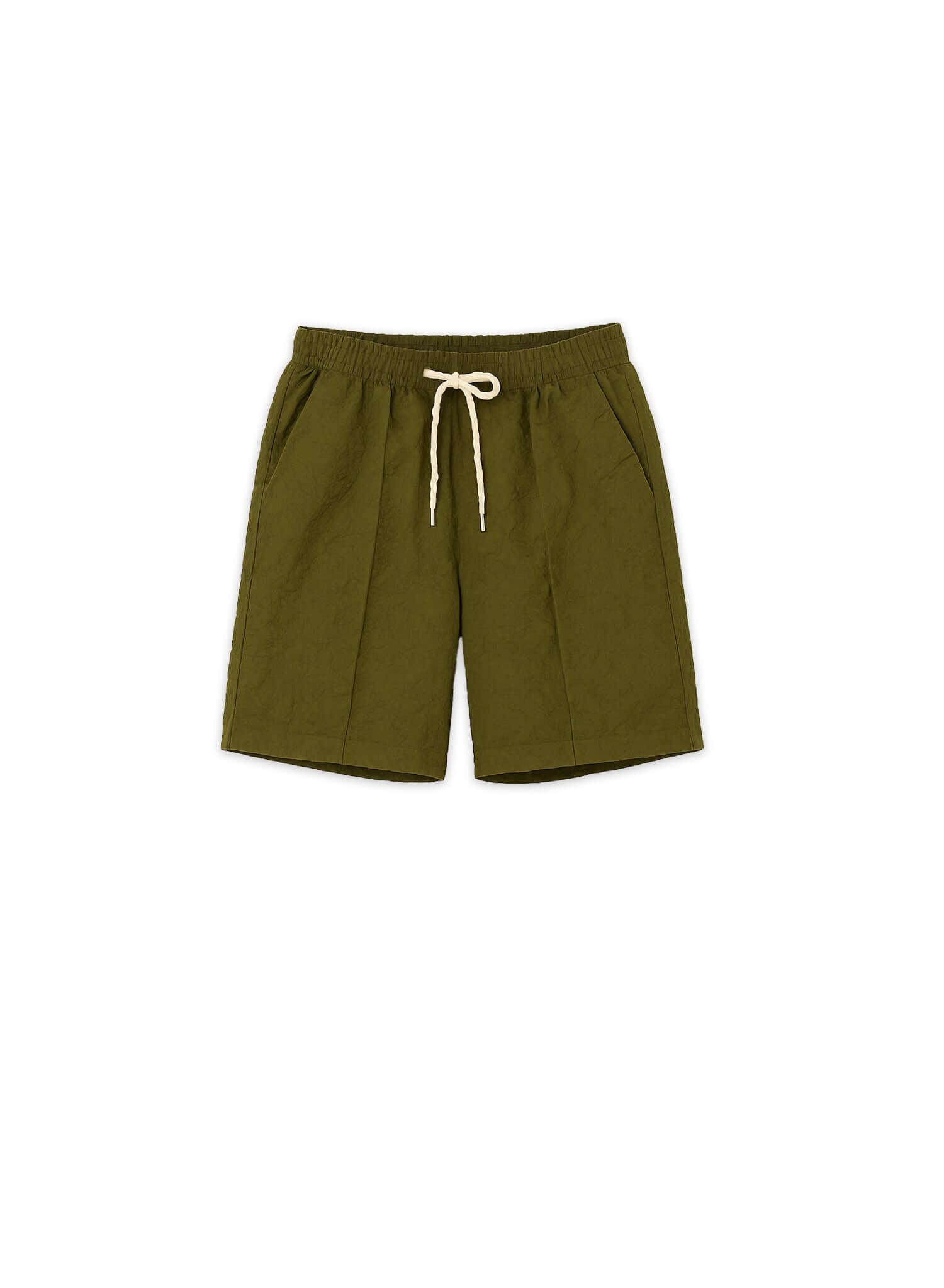 Designer men's casual shorts in olive green with cream drawstring and side pockets, made from 100% nylon.