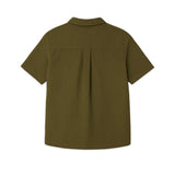 Back view of a designer short sleeve casual shirt in olive green color