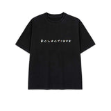 Classic Friends logo t-shirt featuring a relaxed boxy fit and ribbed crewneck on an acid-wash black heavyweight T-shirt.