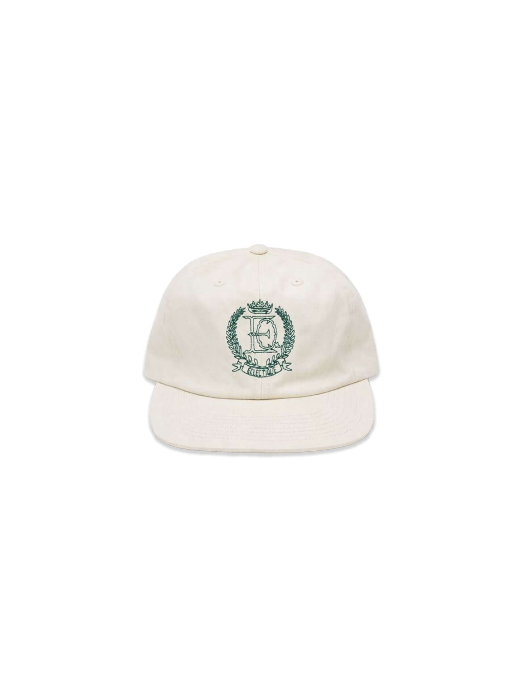 Off-white Éclectique crest embroidered dad hat shown from the front